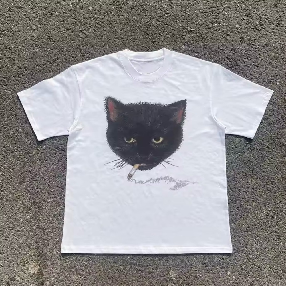 Gildan White Tee with Black Cat Design